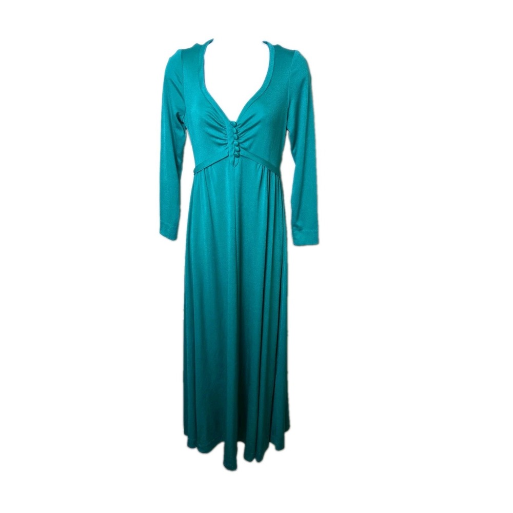 Vintage 1970s Formal Cocktail Hostess Dress Green Shimmer Empire Pat Richards XS